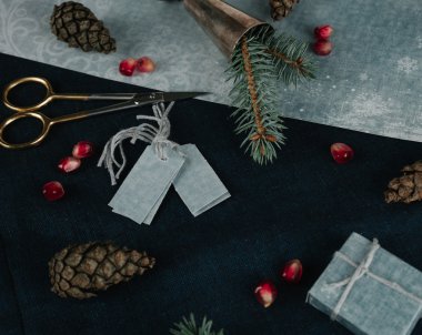 Noel, yeni yıl. tatil - tel, ipek kurdele, Ladin ağacı dalı için hazırlık. Üstten Görünüm