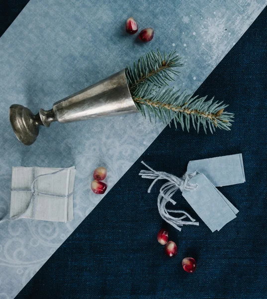 Christmas, new year. preparation for the holiday - thread, silk ribbon, branch of spruce. top view — Stock Photo, Image