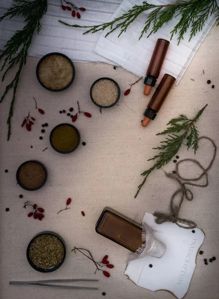 Alchemie Lab. gedroogde kruiden, zout, kolven, pipetten, recepten op het oude doek. bovenaanzicht — Stockfoto