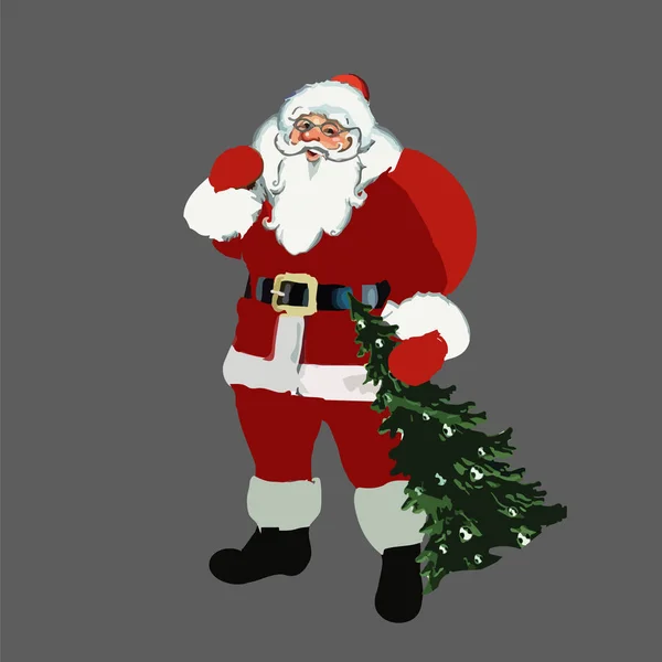 Nel 2017. Natale. Capodanno. Babbo Natale con una borsa sulle spalle e un albero in mano. vettore — Vettoriale Stock