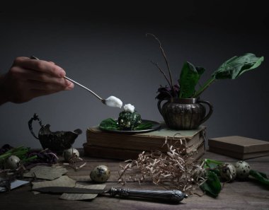 bir kaşık, tabak ıspanak masada, eski gümüş vazo ile el kremi. siyah arka plan