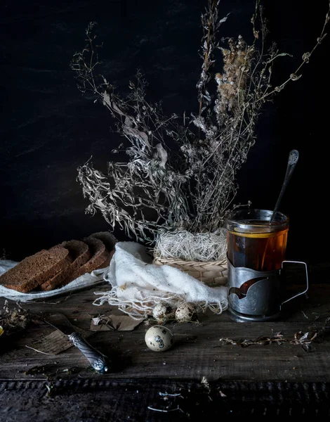 Still life. vintage. a simple country breakfast on  wooden table. black background — Stock Photo, Image