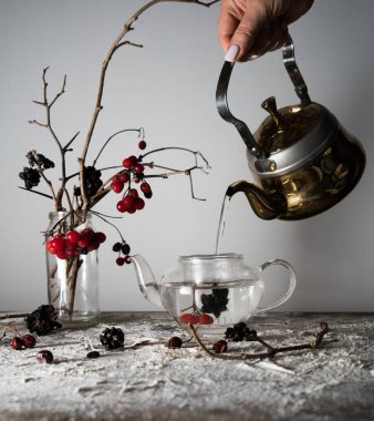 Kartopu dalları meyveleri ve şeffaf bir vazo, kadın karda ile su dökerek su ısıtıcısı el..