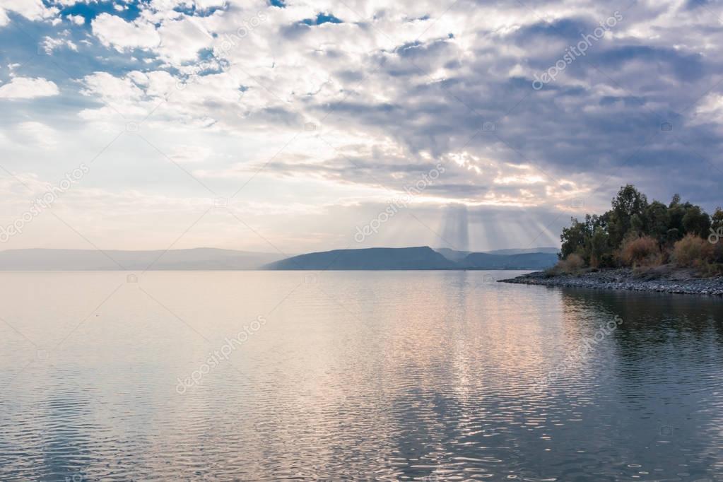 Sunset on Lake Kinneret near the town of Tiberias in Israel