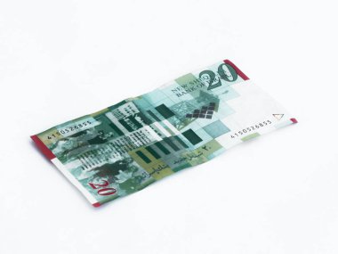 Yeni banknot üzerinde beyaz izole 20 İsrail Şekeli değer türünü