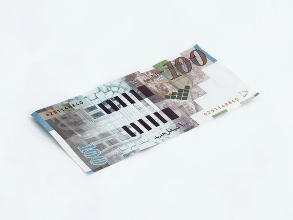 Jeden bankovka stojí 100 izraelských šekelů izolovaných na bílém zpět — Stock fotografie
