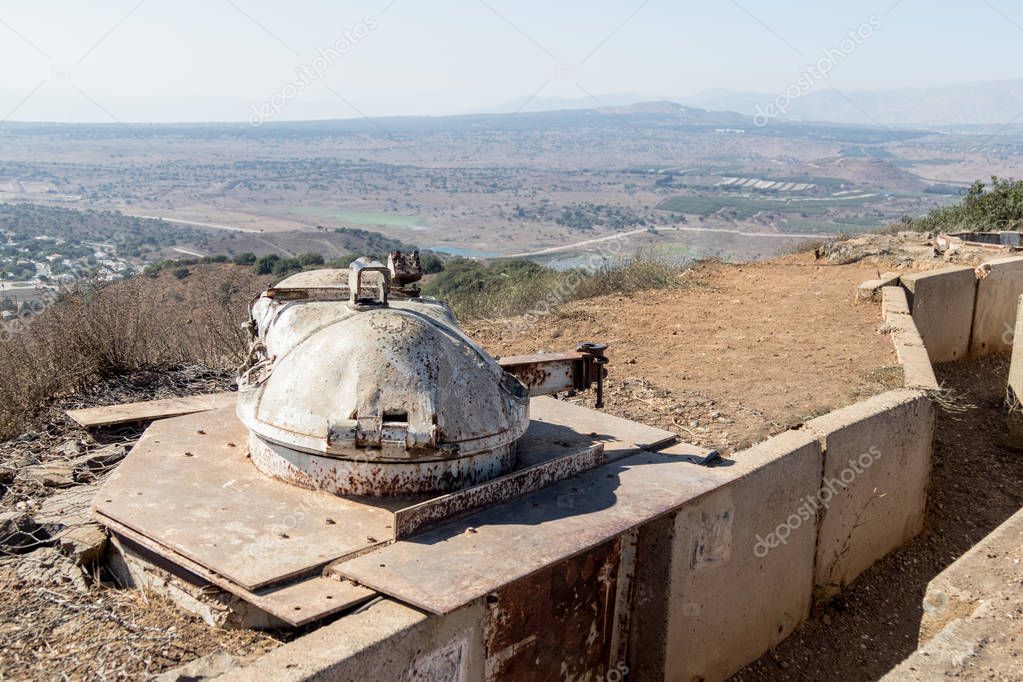 The destroyed battle tower that has remained since the War of the Doomsday (Yom Kippur War) on Mount Bental, on the Golan Heights  in Israel, turned towards the 
