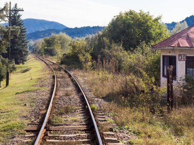 Ormanlık bir alan üzerinden geçen ve uzak köy, Prahova Romanya üzerinden bırakarak demiryolu