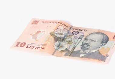 10 değerinde bir banknot Romence Lei beyaz bir arka plan üzerinde izole.