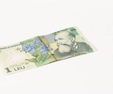 Değeri 1 bir banknot Romanya Leyi beyaz bir arka plan üzerinde izole.