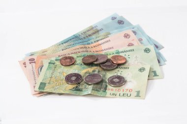 Birkaç sikke değer 10 ve 5 ile 100, 10 ve 1 Romence Lei değer birkaç banknot Romen Bani beyaz bir arka plan üzerinde izole.