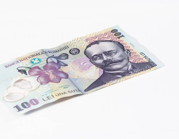 Una banconota del valore di 100 lei rumena isolata su fondo bianco — Foto Stock
