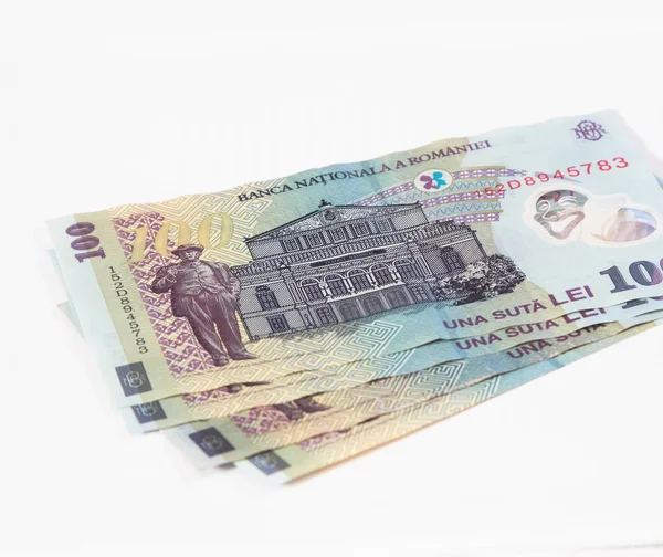 Négy bankjegyek 100 értékű román lej elszigetelt fehér background — Stock Fotó