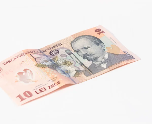 Una banconota del valore di 10 lei rumena isolata su sfondo bianco — Foto Stock