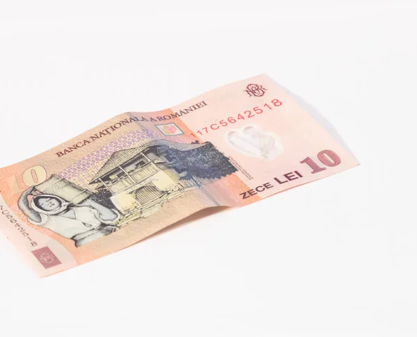 Een bankbiljet waard 10 Roemeense Lei geïsoleerd op een witte achtergrond — Stockfoto