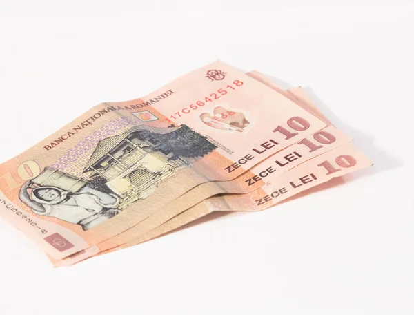 Tre sedlar värda 10 rumänska Lei isolerad på en vit bakgrund — Stockfoto