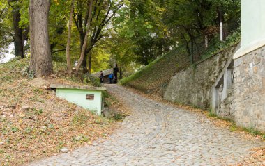 Mezarlıktan Old City şatoda anlaşma (St. Nicholas) kiliseye giden yol. Romanya'da Sighisoara şehir