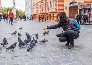 Genç kadın güvercin Brasov eski şehir Romanya içinde açık havada besleme