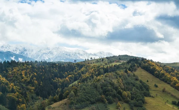 Pohled do údolí na úpatí karpatských hor nedaleko od města Bran v Rumunsku — Stock fotografie