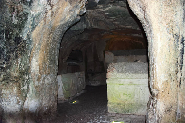 A niche with graves in the interior of a necropolis in the Bet She'arim National Park in the Kiriyat Tivon city in Israel