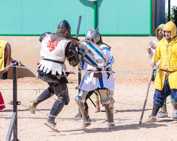 Dos caballeros - participantes en el festival de caballeros están luchando en las listas en el parque Goren en Israel — Foto de Stock