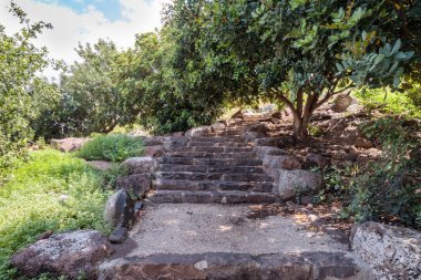 Yolu ile eski Yahudi yerleşim kalıntıları bulunmaktadır um el Kanatir - Golan Tepeleri duvarda anne adımlar