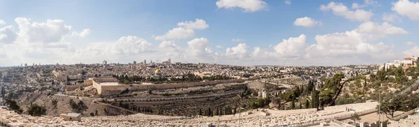 Панорамный вид на еврейское кладбище, Храмовую гору, старый и современный город Иерусалим с горы Элеон - Елеонской горы в Восточном Иерусалиме в Израиле — стоковое фото