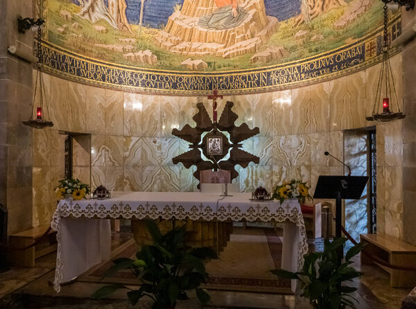 The central altar in the Church of All Nations in the Garden of Gethsemane at the foot of the mountain Mount Eleon - Mount of Olives in East Jerusalem in Israel