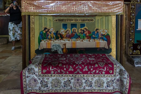 Den sista måltidsikonen i det inre av Jungfrugraven till fots på berget Eleonberget - Oljeberget i östra Jerusalem i Israel — Stockfoto