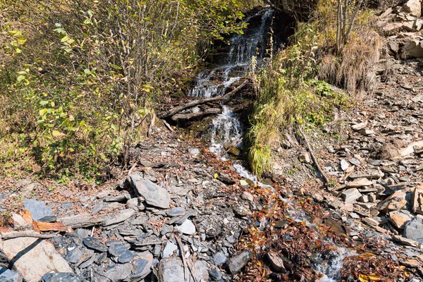 Egy kis kristálytiszta patak folyik Szvaneti hegyoldaláról Grúzia hegyvidékéről. — Stock Fotó