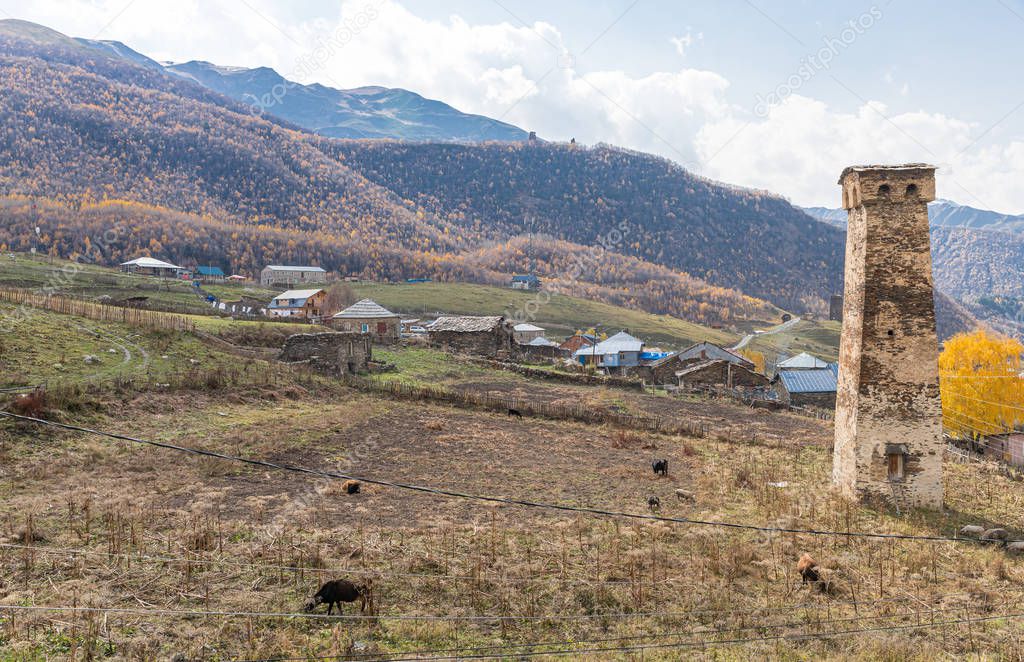 Ushguli village on a background of mountains in Svaneti in the mountainous part of Georgia