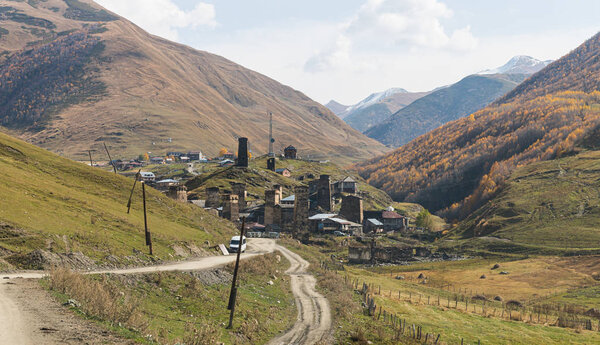 The small village is located on a mountainside in Svaneti in the mountainous part of Georgia