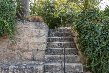 İsrail 'in Kudüs yakınlarındaki Abu Ghosh Çeçen köyündeki Benedikt Manastırı' nın dekoratif bahçesi.