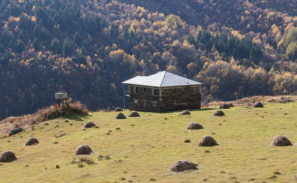 Una sola granja se encuentra al pie de las montañas en Svaneti en la parte montañosa de Georgia en la mañana temprano —  Fotos de Stock