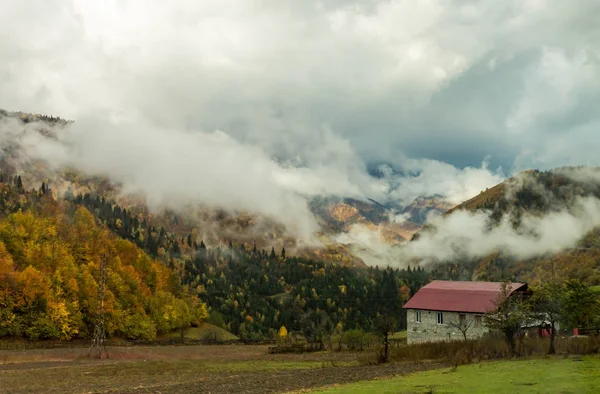 Uma única fazenda está localizada no sopé das montanhas em Svaneti, na parte montanhosa da Geórgia, no início da manhã — Fotografia de Stock