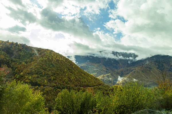 Гірські схили вкриті лісами та низькими грозовими хмарами у Сванеті, що в гористій місцевості Грузії. — стокове фото