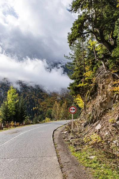 A estrada que passa pelas montanhas coberta com florestas na parte montanhosa da Geórgia em tempo chuvoso — Fotografia de Stock