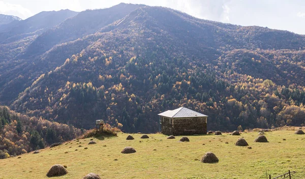 Una sola granja se encuentra al pie de las montañas en Svaneti en la parte montañosa de Georgia en la mañana temprano —  Fotos de Stock