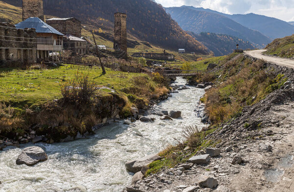 The small village is located on a mountainside in Svaneti in the mountainous part of Georgia