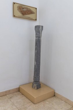 The Altar table leg from the Church at Khirbet Beit Sila - exhibit of the Museum of the Good Samaritan near Jerusalem in Israel