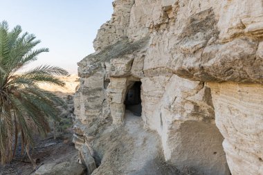 İsrail 'in Jericho kenti yakınlarındaki Yahudi çölünde Gerasim Ürdünlüsü Deir Hijleh manastırının yanındaki keşişlerin insan yapımı mağaraları.