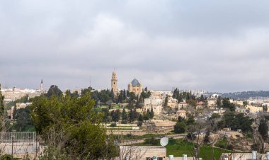 Jerusalem, Israel, February 29, 2020 : View of the old city of Jerusalem and the Dormition Abbey from the Abu Tor district of Jerusalem city in Israel
