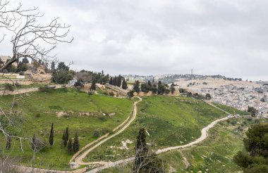 Jerusalem, Israel, February 29, 2020 : View of the old city of Jerusalem, Silwan and Gey Ben Hinnom Park called in the  Holy Books as blazing inferno, from the Abu Tor district of Jerusalem city in Israel
