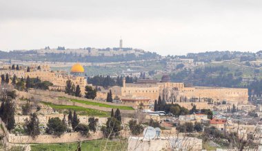 Jerusalem, Israel, February 29, 2020 : View of the old city of Jerusalem and the Dome of the Rock from the Abu Tor district of Jerusalem city in Israel