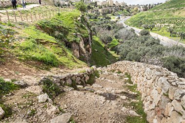 Jerusalem, Israel, February 29, 2020 : Gey Ben Hinnom Park - called in the Holy Books as the Blazing Inferno in Jerusalem city in Israel