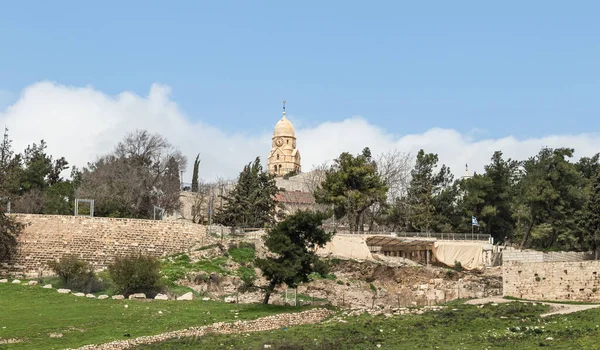 Jerusalem, Israel, February 29, 2020 : View of the old city of Jerusalem and King David Tomb from the Abu Tor district of Jerusalem city in Israel