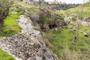 Jerusalem, Israel, February 29, 2020 : Gey Ben Hinnom Park - called in the Holy Books as the Blazing Inferno in Jerusalem city in Israel