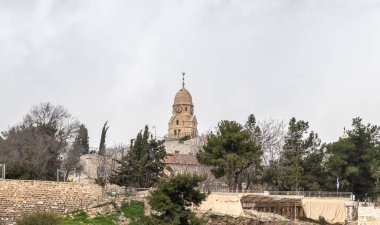 Jerusalem, Israel, February 29, 2020 : View of the old city of Jerusalem and King David Tomb from the Abu Tor district of Jerusalem city in Israel