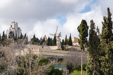 Jerusalem, Israel, February 29, 2020 : The famous windmill Montefiori in the Jerusalem quarter of Mishkenot Shaananim near to Jerusalem old city in Israel