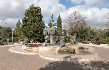 Kudüs, İsrail, 29 Şubat 2020: Dekoratif Çeşme - İsrail 'in Kudüs şehrindeki Aslanlar Çeşmesi